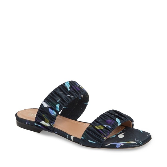 Nordstrom Lewit Elena Ruched Satin Flat Slide Sandal Navy Floral EU 38.5 US 8 - Picture 4 of 10
